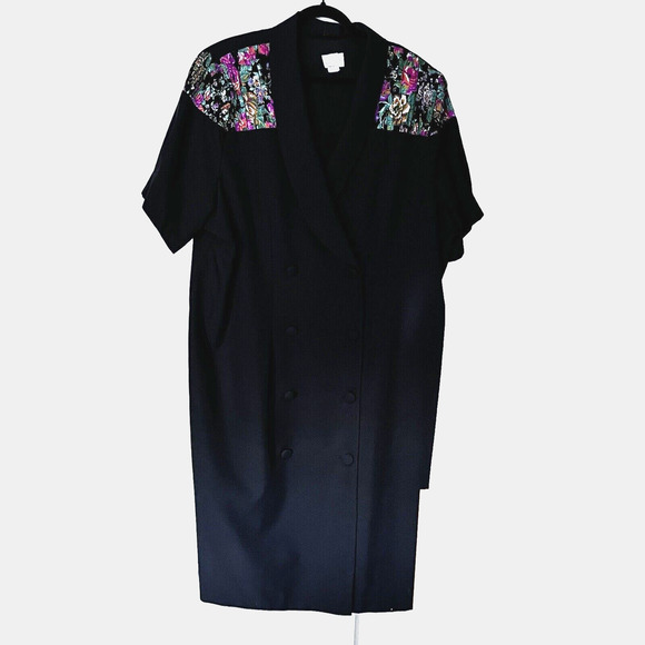 Enge Double Breasted Midi Dress SZ 24 Black Office Lapel Professional Elegant - Picture 1 of 10